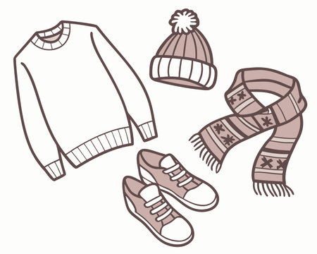 Vector set of winter clothing. Knitted hat, scarf, sweater and shoes.のイラスト素材