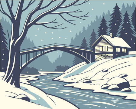 Winter landscape with a river and a bridge. Vector illustration in retro style.のイラスト素材