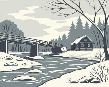 Wooden bridge over the river. Winter landscape. Vector illustration.のイラスト素材