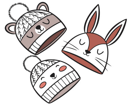 Vector illustration of a set of cute hand-drawn animals in winter hatsのイラスト素材