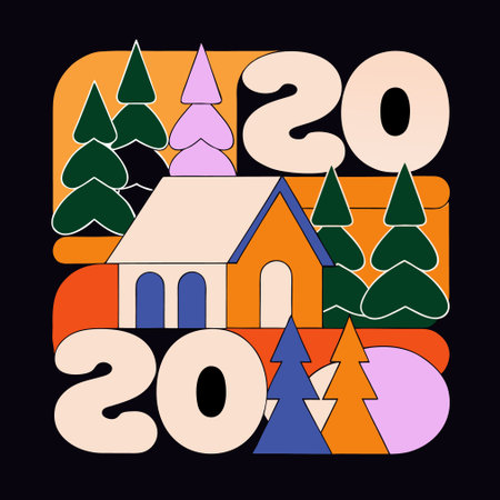 2020 Happy New Year greeting card with house and trees. Vector illustration.