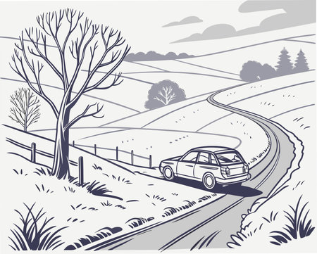 car on the road in the countryside, vector illustration, EPS10のイラスト素材