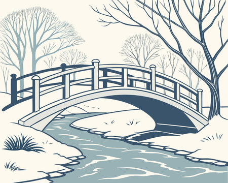 Bridge over the river. Winter landscape. Vector illustration in retro style.のイラスト素材