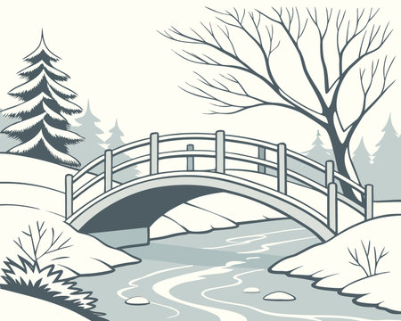 Vector illustration of a bridge over a small river in winter forest.のイラスト素材