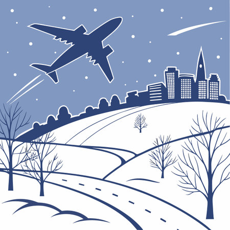 Vector illustration of a winter landscape with a plane flying over the cityのイラスト素材