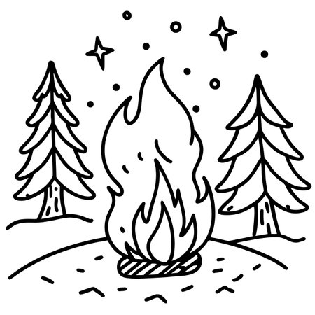 Black and white illustration of a bonfire in the forest. Vector illustrationのイラスト素材
