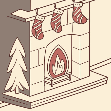 Stylized vector illustration of a fireplace with christmas socks.のイラスト素材