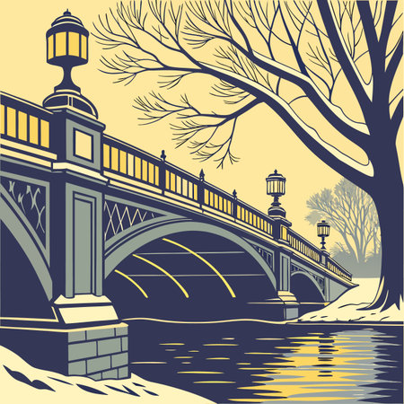 Bridge over the river in winter. Vector illustration in retro style.のイラスト素材