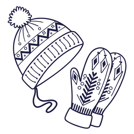 Winter hat and mittens. Hand drawn vector illustration isolated on white background.のイラスト素材