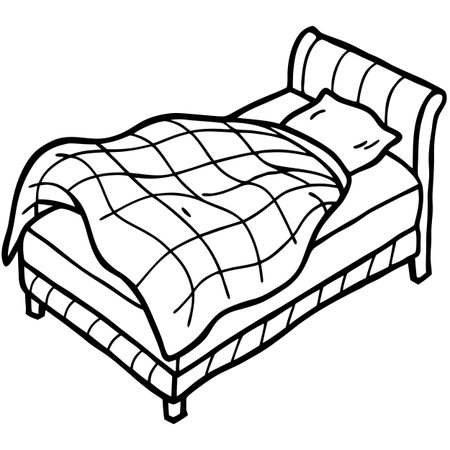 Bed - Black and White Cartoon Illustration of a Single Bed for Coloring Bookのイラスト素材