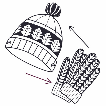 Knitted hat and gloves. Vector illustration in doodle style.のイラスト素材