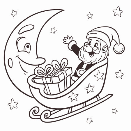 Vector illustration of Santa Claus on a sleigh with presents. Coloring book for childrenのイラスト素材