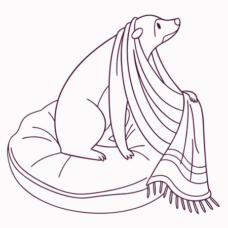 Polar bear sleeping on a bean bag. Vector illustration in outline style.のイラスト素材