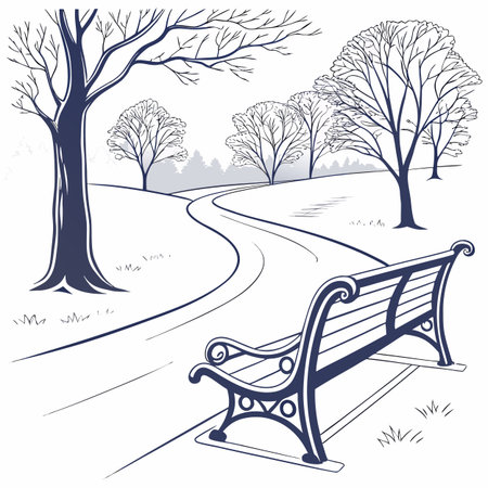 Park bench and trees in winter season. Hand drawn vector illustration.のイラスト素材