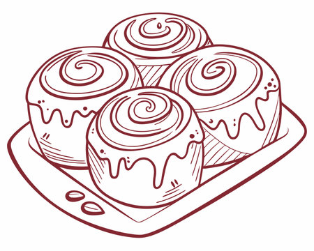Cinnamon rolls on a plate. Hand drawn vector illustration in sketch style.のイラスト素材