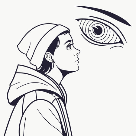 Vector image of a girl with an eye in a cap and a scarf on her headのイラスト素材