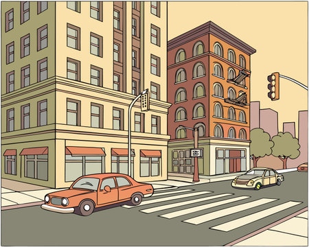 Vector illustration of a city street with buildings and cars in the backgroundのイラスト素材