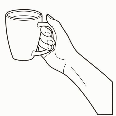 Hand holding a cup of coffee. Outline drawing. Vector illustration.のイラスト素材