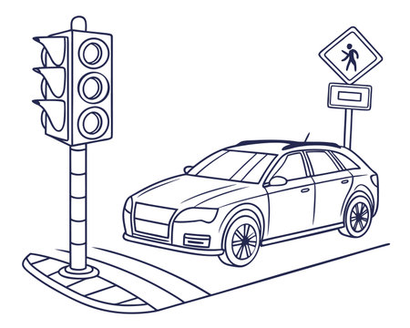 car on the road with traffic lights and signpost vector illustration graphic designのイラスト素材