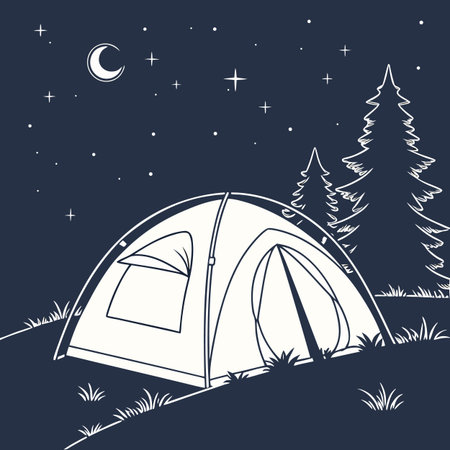 Camping tent in the forest at night. Vector illustration in flat styleのイラスト素材