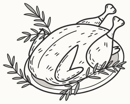 Roast turkey on a plate with herbs. Vector illustration in doodle style.のイラスト素材