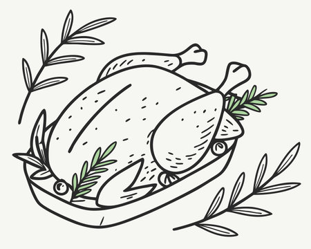 Vector illustration of roasted turkey with rosemary and olive branch on white background.のイラスト素材
