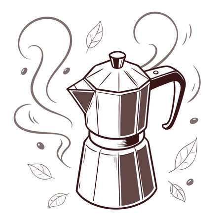 Coffee maker and leaves. Vector illustration in doodle style.のイラスト素材