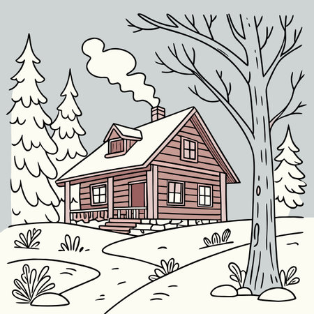 Vector illustration of a country house in the forest. Winter landscape.のイラスト素材