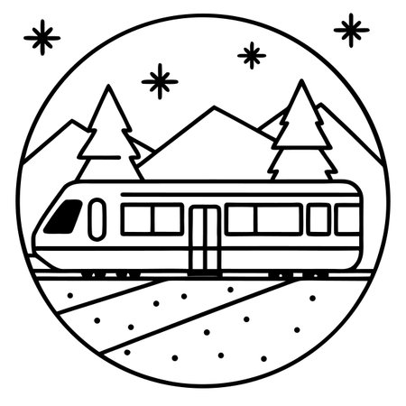 Train and pine trees line icon, outline vector sign, linear style pictogram isolated on white.のイラスト素材