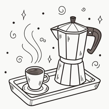 Coffee maker and cup of coffee. Vector illustration in doodle styleのイラスト素材