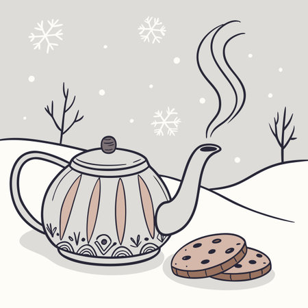 Vector illustration of a teapot and cookies in the snow.のイラスト素材