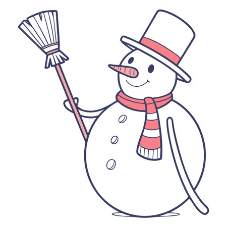 Snowman with a broom. Vector illustration in doodle style.のイラスト素材