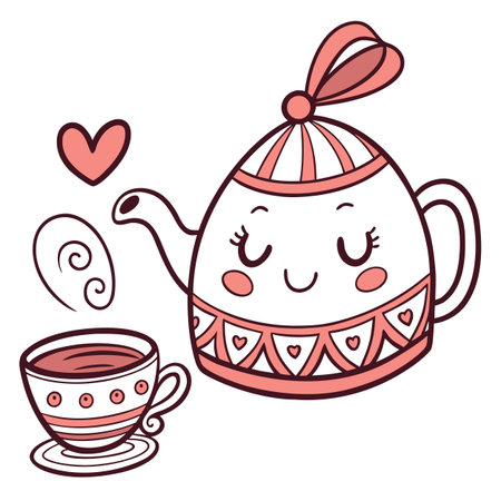 Cute kawaii teapot with cup of tea. Vector illustration.のイラスト素材