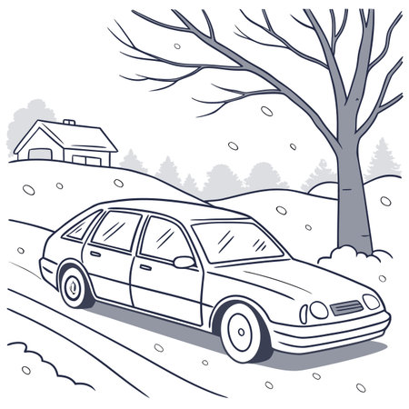 Car on the road in winter. Vector illustration of car on the road.のイラスト素材