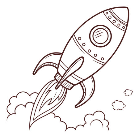 Cartoon rocket flying in the sky. Hand drawn vector illustration.のイラスト素材