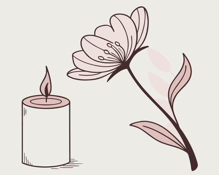 Illustration of a candle and a flower on a light background.のイラスト素材