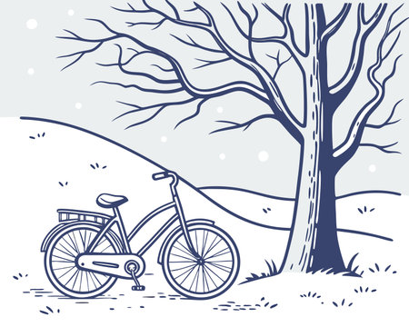 Bicycle in the winter forest. Vector illustration in flat style.のイラスト素材