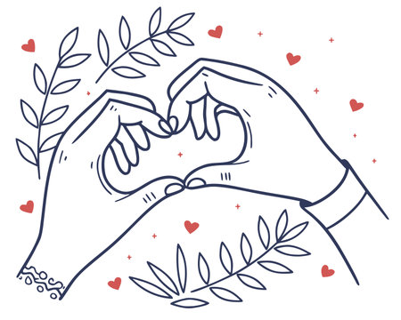 Vector illustration of two hands making a heart shape with their fingers.のイラスト素材