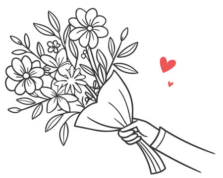 Hand holding bouquet of flowers. Vector illustration in doodle style.のイラスト素材