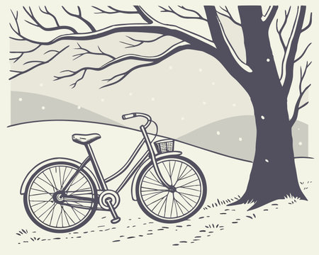 Bicycle in the winter forest. Vector illustration in vintage style.のイラスト素材