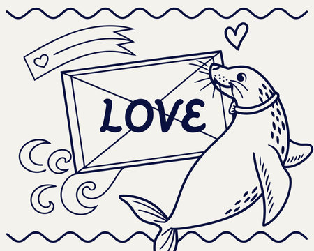 Cute seal with love letter. Vector illustration in doodle style.のイラスト素材