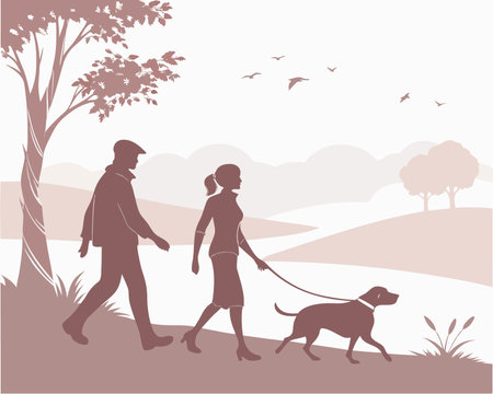 couple walking with a dog in the park, vector illustration.のイラスト素材