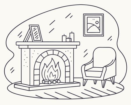 Fireplace interior with armchair and fireplace. Linear vector illustration.のイラスト素材