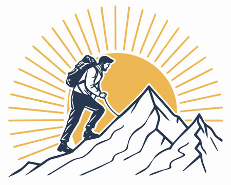 Hiker standing on the top of a mountain and looking at the sun set vector illustrationのイラスト素材
