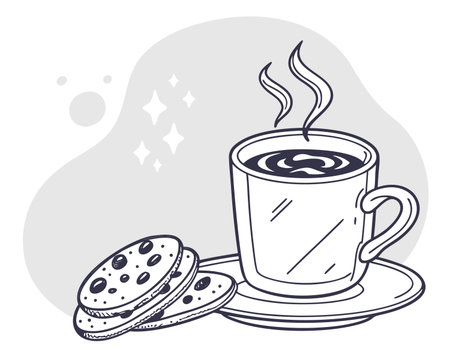 Coffee cup and cookies. Hand drawn doodle vector illustration.のイラスト素材