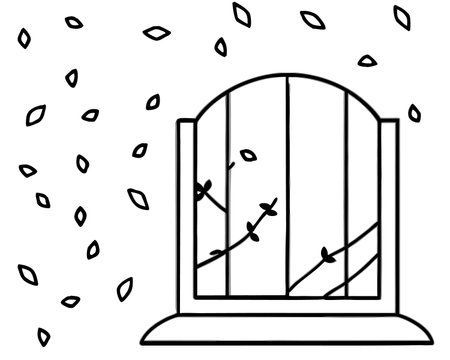 Black and white vector illustration of a window with leaves falling down.のイラスト素材