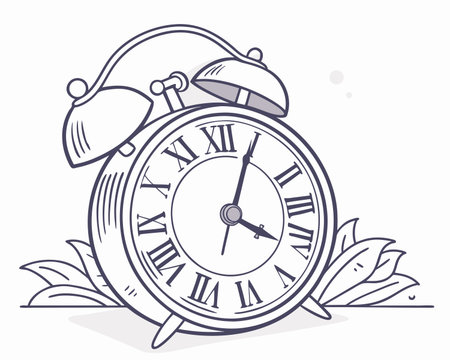 Alarm clock with leaves. Vector illustration in doodle style.のイラスト素材