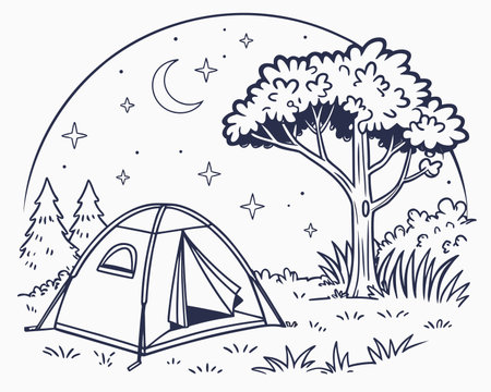 Camping tent and tree on the meadow at night. Hand drawn vector illustration.のイラスト素材
