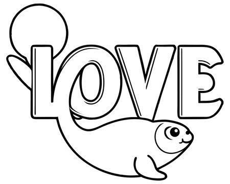 Black and White Cartoon Illustration of a Seal with Love Letteringのイラスト素材