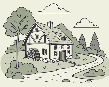 Cottage in the countryside. Vector illustration in hand drawn style.のイラスト素材